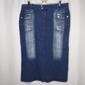 Beware Denim Midi Skirt 20 Cargo Flap Pocket‎ Distress Faded Blue Stretch Y2K